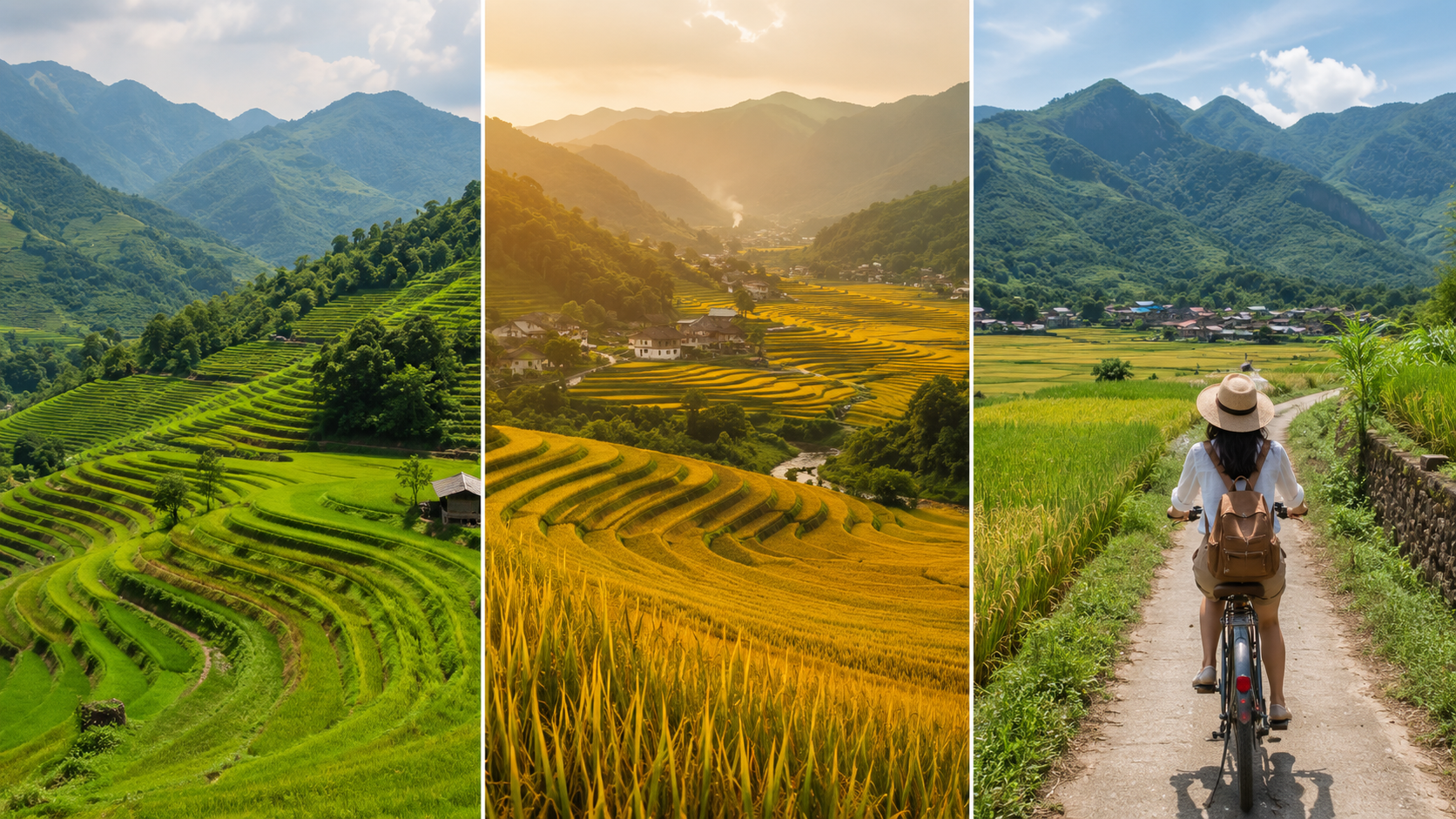 Green rice season and golden harvest season create two very different Mai Chau travel experiences (Source: Collected) Green rice season and golden harvest season create two very different Mai Chau travel experiences (Source: Collected)
