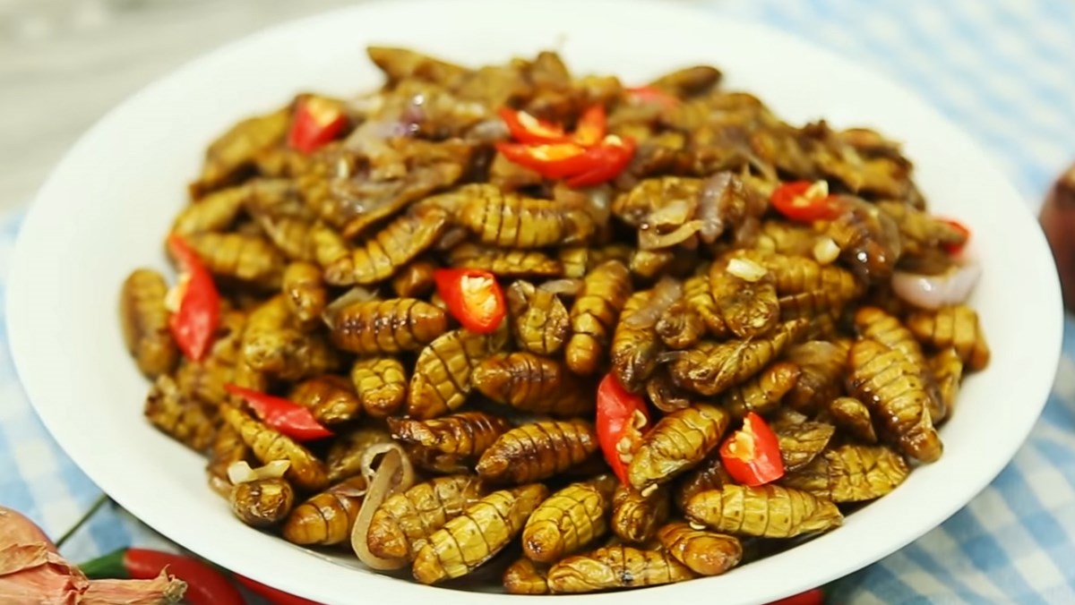 Stir-fried wild bee larvae with bamboo shoots, an adventurous local specialty in Mai Chau. (Source: Dienmayxanh)⁠