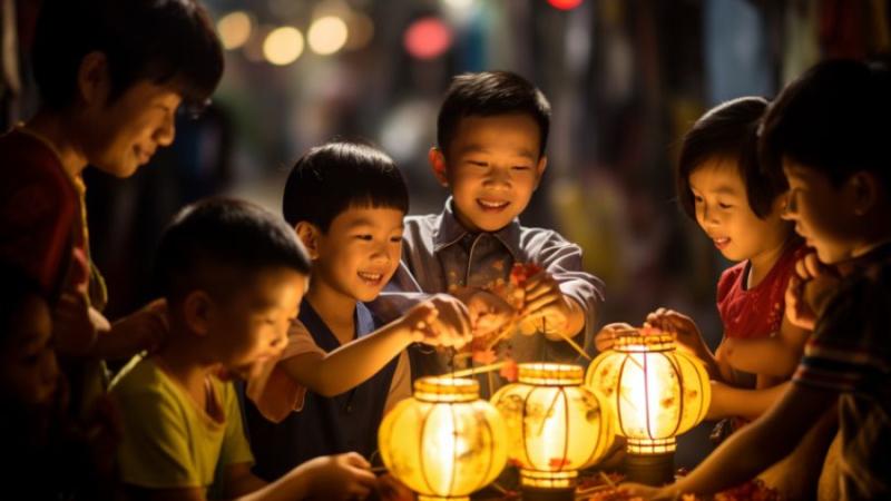 Children gather during the evening lantern procession to celebrate the Mid-Autumn Festival Children gather during the evening lantern procession to celebrate the Mid-Autumn Festival