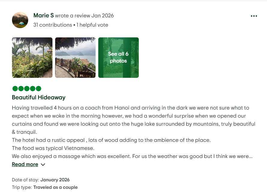 Guest’s review about Mai Chau Hideaway Lake Resorts Guest’s review about Mai Chau Hideaway Lake Resorts