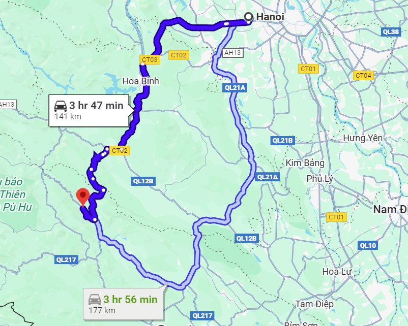 Quãng đường di chuyển từ Hà Nội đến Bản Đôn Pù Luông bằng ô tô