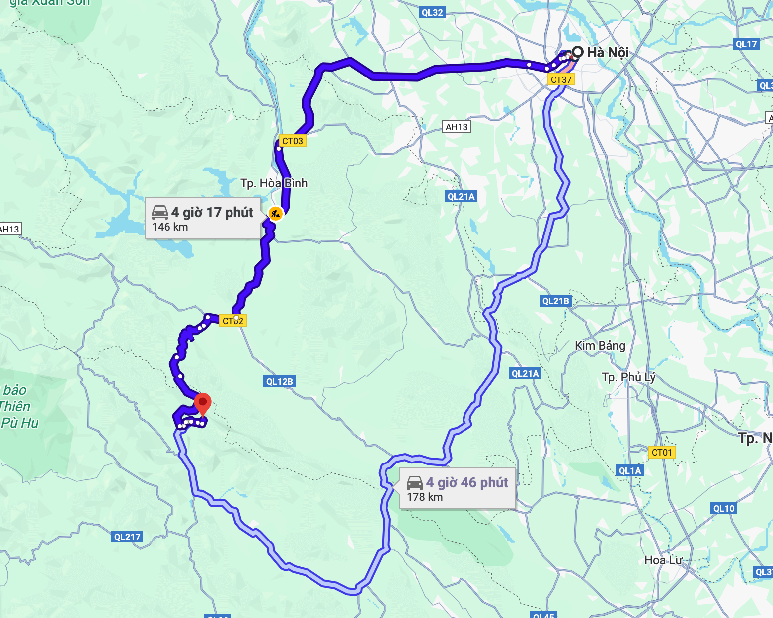 Quãng đường di chuyển từ Hà Nội đến Thác Hiêu bằng ô tô